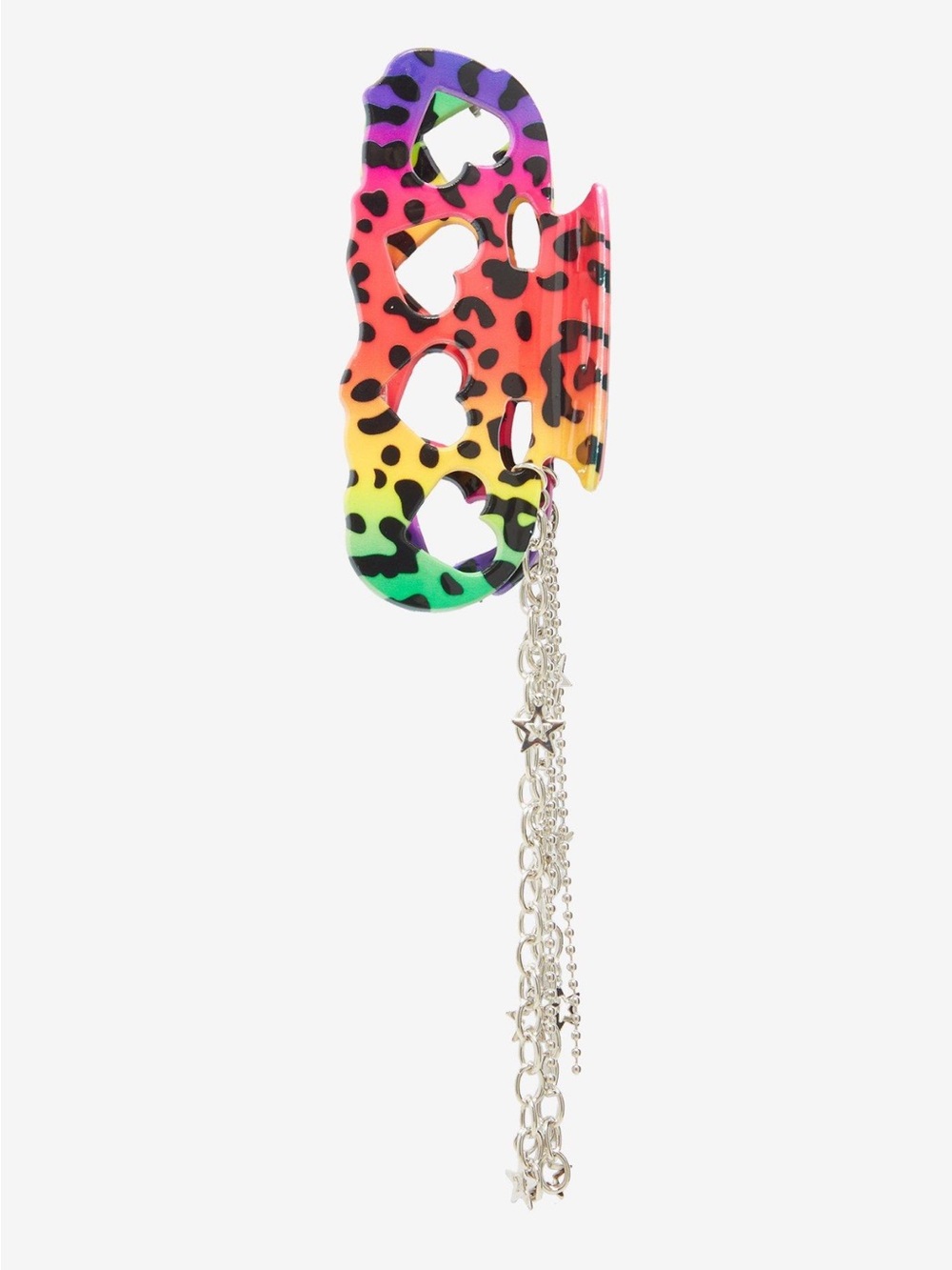 Rainbow Leopard Heart Cutout Hair Claw with Silver Star Chains